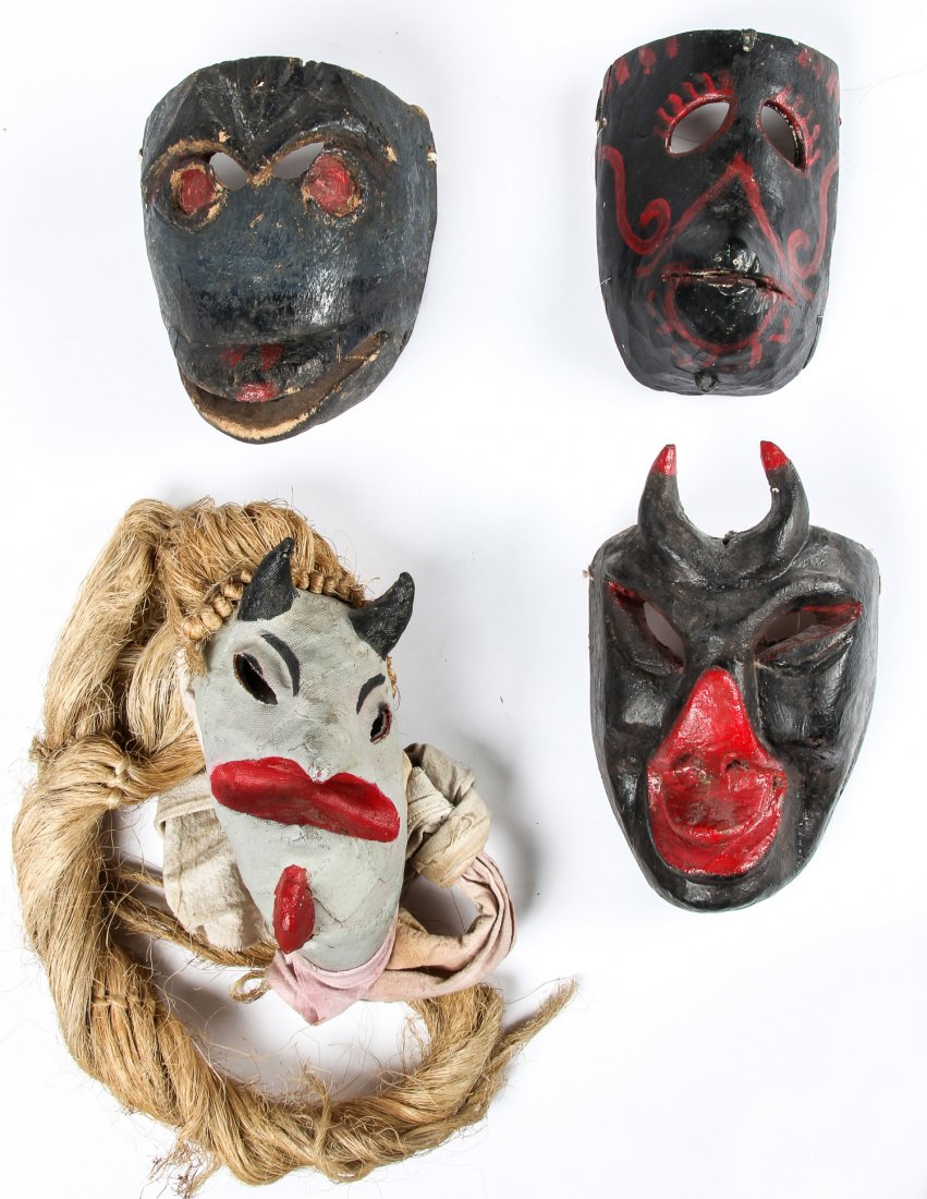 4 Vintage Mexican Dance Masks: 4 Vintage Mexican Dance Masks. Mixed media: wood, paint, plant fiber, papier mache. Including a Toro dance mask from Silau, Guanajuato; a Diablo (Devil) mask from Mescaltipec, Guerrero; and 2 Diablo m