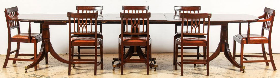 Dining Room Suite of Table and Chairs: Dining Room Suite of Table and Chairs. Size: 30" x 138" x 42", 76 x 351 x 107 cm (table); 34" x 22.5" x 21", 86 x 57 x 53 cm (largest chair). Prov: purchased at Arthur Smith Antiques, Savannah, GA, in