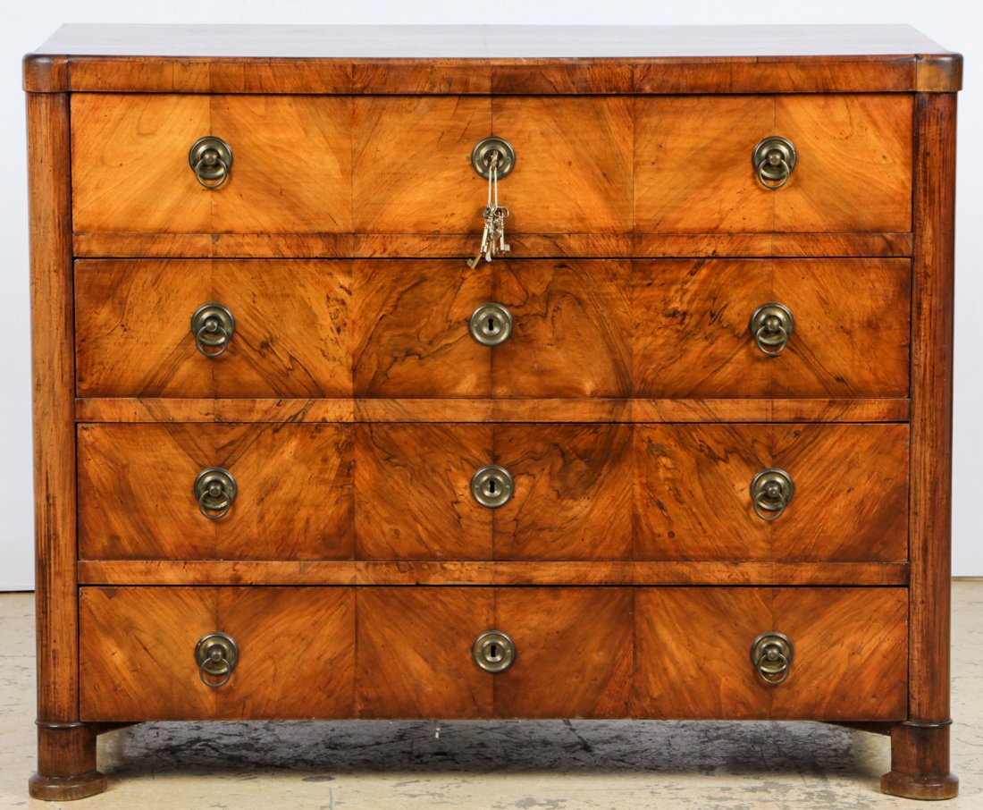 Biedermeier Rosewood Veneer Chest of Drawers: Biedermeier Rosewood Veneer Chest of Drawers. Size: 41" x 51" x 25" (104 x 130 x 64 cm). Provenance: Once housed at the Villa Petrovic, Croatia.