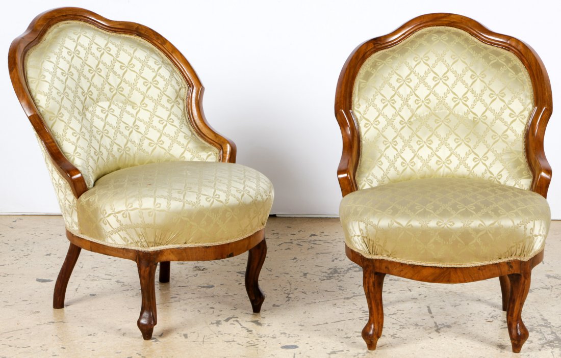 2 French Louis Philippe Slipper Chairs: 2 French Louis Philippe Slipper Chairs. Each Size: 32.5" x 24.5" x 24" (83 x 62 x 61 cm). Provenance: Once housed at the Villa Petrovic, Croatia.
