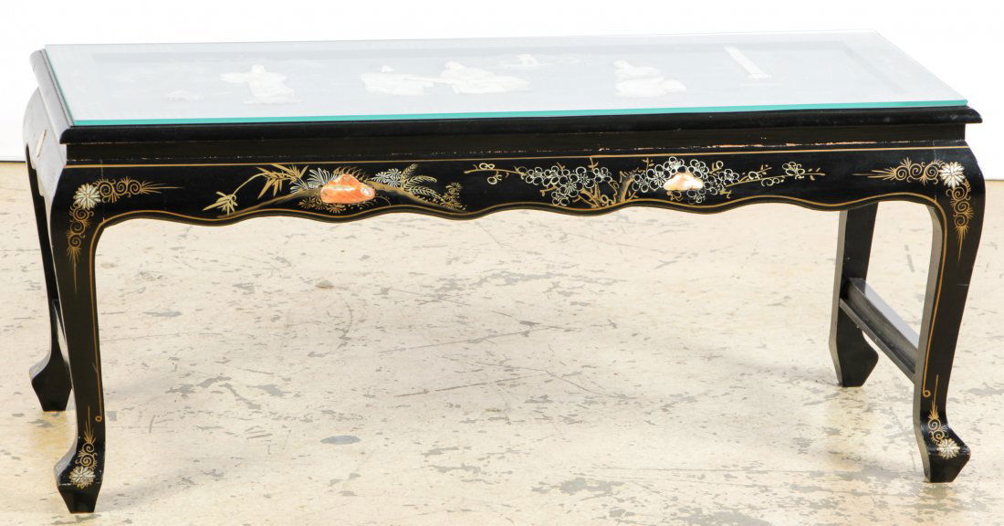 Chinese Nacre Inlaid Lacquer Table: Chinese Nacre Inlaid Lacquer Table. Glass top. Size: 18" x 42.5" x 19" (46 x 108 x 48 cm).