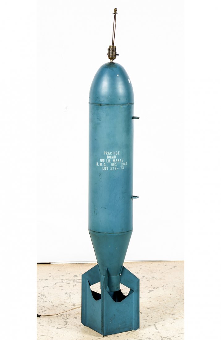 Vintage WWII Practice Bomb Floor Lamp: Vintage WWII Practice Bomb Floor Lamp. Inert. Dated 1941. Size: 56.5" x 8" x 8" (144 x 20 x 20 cm).