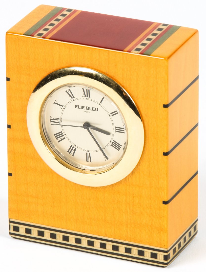 Elie Bleu Marquetry Clock: Elie Bleu Marquetry Clock. Size: 3.5" x 2.5" x 1.25" (9 x 6 x 3 cm).
