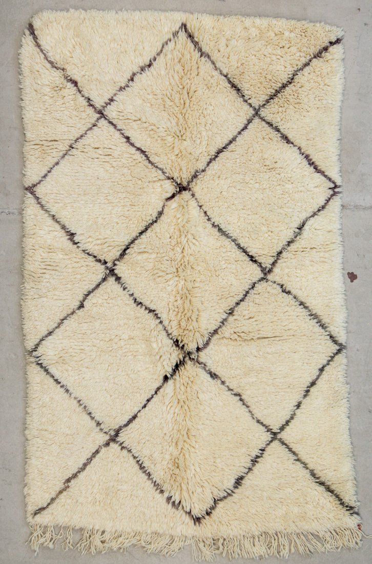 Vintage Moroccan Beni Ouraine Rug: 4'1" x 6'7" (125 x: Vintage Moroccan Beni Ouraine Rug. Hand-knotted with undyed natural shades of hand-spun sheep's wool; thick, shaggy, lustrous pile. Recently professionally cleaned. Size: 4'1" x 6'7" (125 x 200 cm) 15