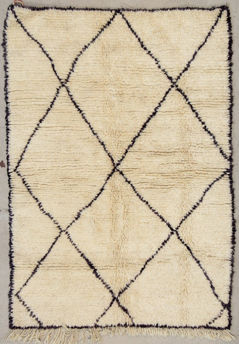 Vintage Moroccan Beni Ouraine Rug: 4'3" x 6' (130 x 183: Vintage Moroccan Beni Ouraine Rug. Hand-knotted with undyed natural shades of hand-spun sheep's wool; thick, shaggy, lustrous pile. Recently professionally cleaned. Size: 4'3" x 6' (130 x 183 cm). Wei