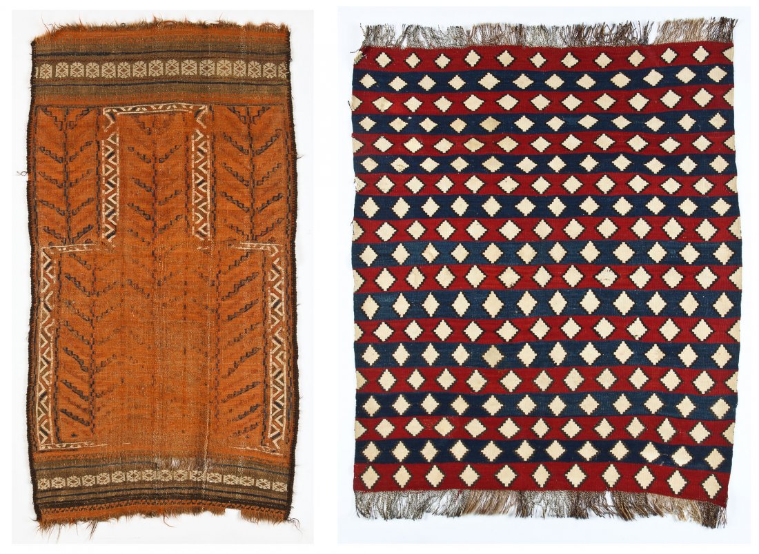 Antique Anatolian and Beluch Kilims: Antique Anatolian Kilim, Turkey, 19th c. Size: 50" x 43" (127 x 109 cm) and Belouch Prayer Brocade Weave Kilim, early 20th c. Size: 49" x 27" (124 x 69 cm).