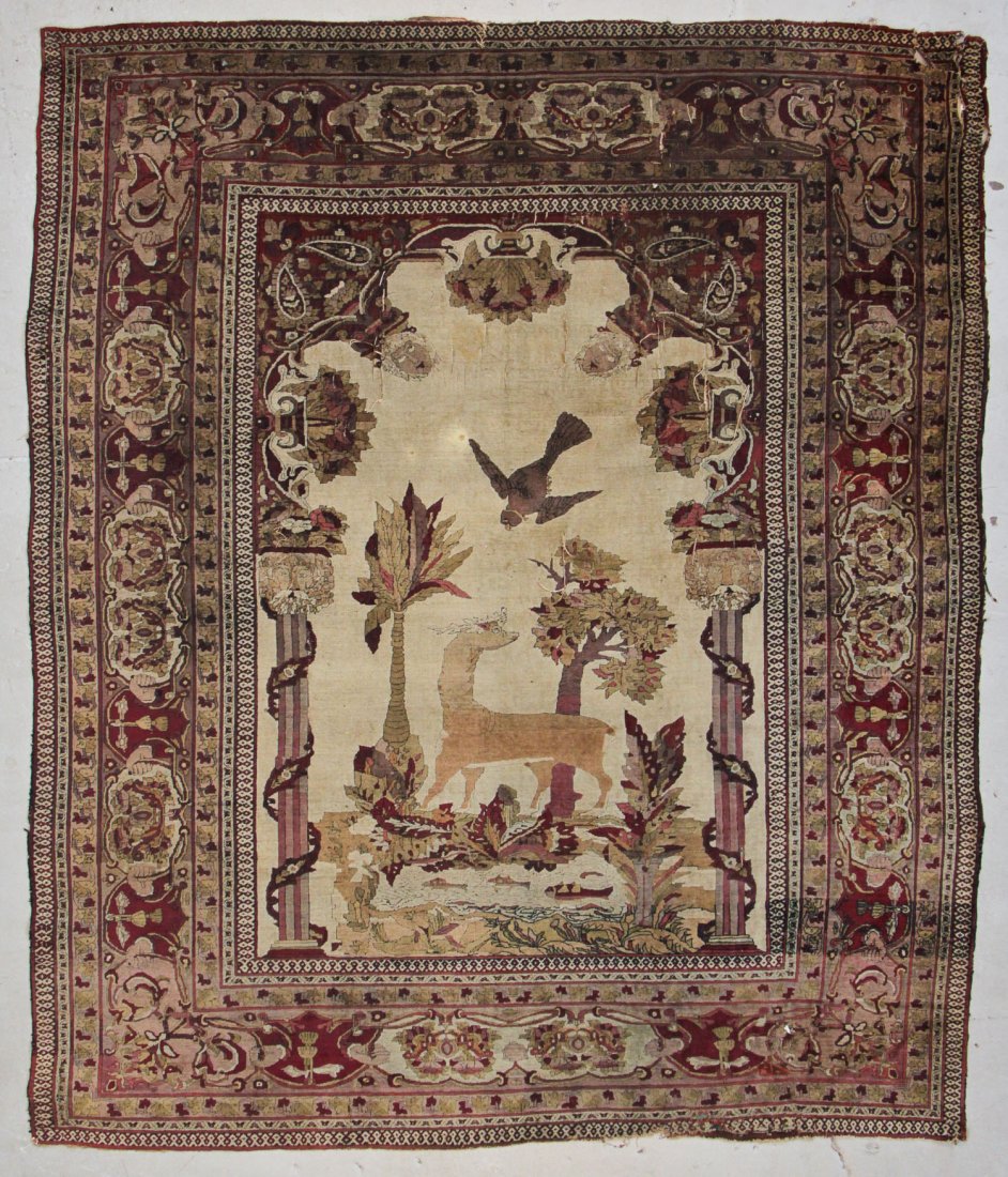 19th c. Pictorial Agra Rug: 8'6" x 9'11" (259 x 302 cm): 19th c. Pictorial Agra Rug. Pastoral mythical scene set within a large ivory archway. Old repairs, fraying, losses. Size: 8'6" x 9'11" (259 x 302 cm). Weight: 50 lbs. Main Line Philadelphia estate.