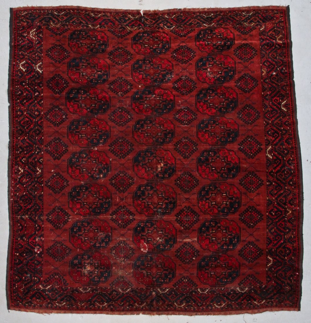 Antique Ersari Main Rug: 9' x 9'4" (274 x 284 cm): Antique Ersari Main Rug. Afghanistan, shows wear. Size: 9' x 9'4" (274 x 284 cm). Weight: 28 lbs.