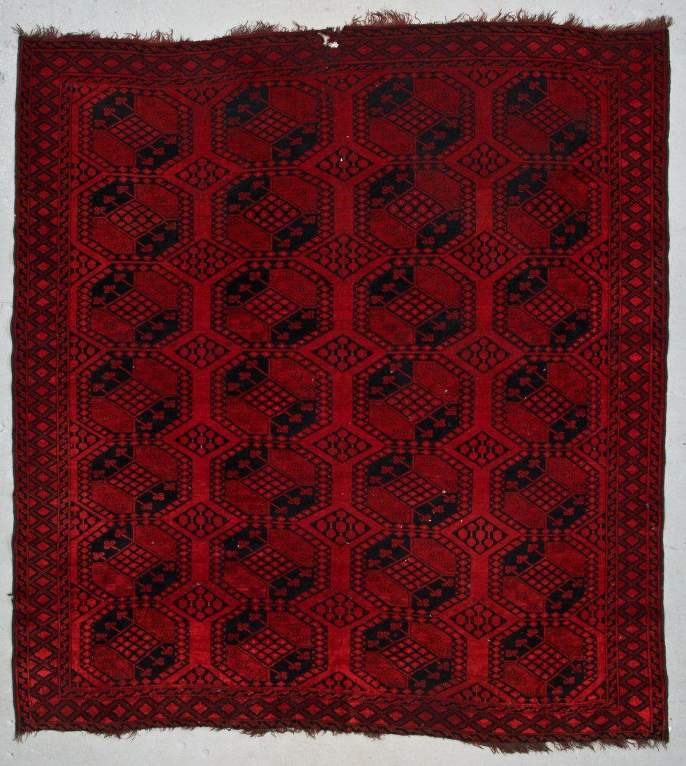 Afghan Main Rug: 8'11" x 9'7" (272 x 292 cm): Afghan Main Rug. Early 20th c. Shows wear. Size: 8'11" x 9'7" (272 x 292 cm). Weight: 39 lbs.