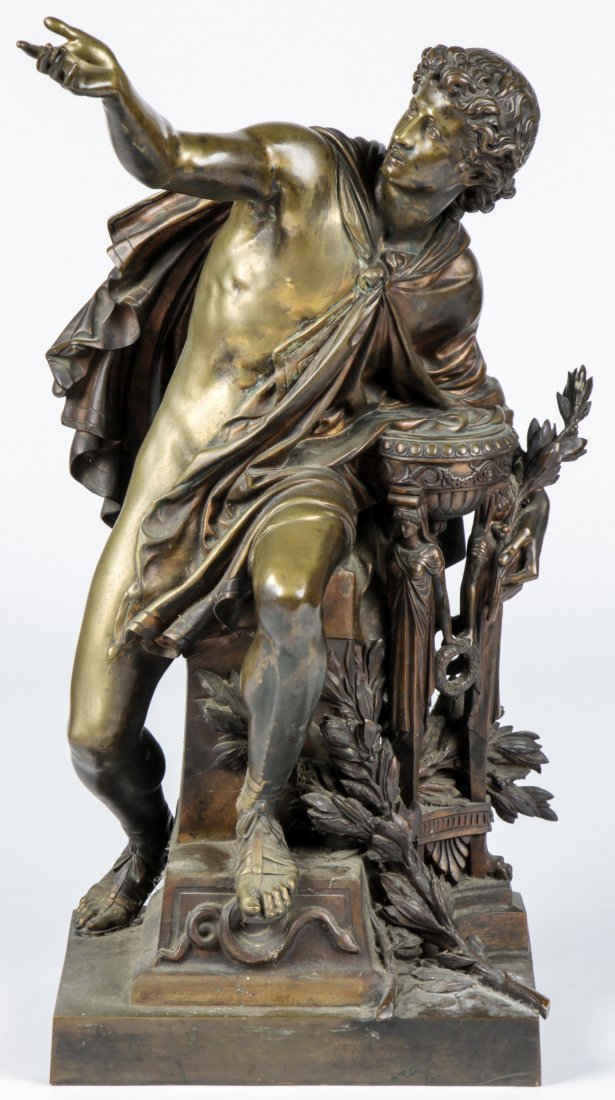 Mathurin Moreau (French, 1822-1912) Apollo Bronze: Mathurin Moreau (French, 1822-1912) Apollo Bronze. Bearing the signature and dated 187(0). Also bearing the foundry mark for Georges Emile Henri Servant. Size: 26" x 14.5" x 12.5" (66 x 37 x 32 cm). W