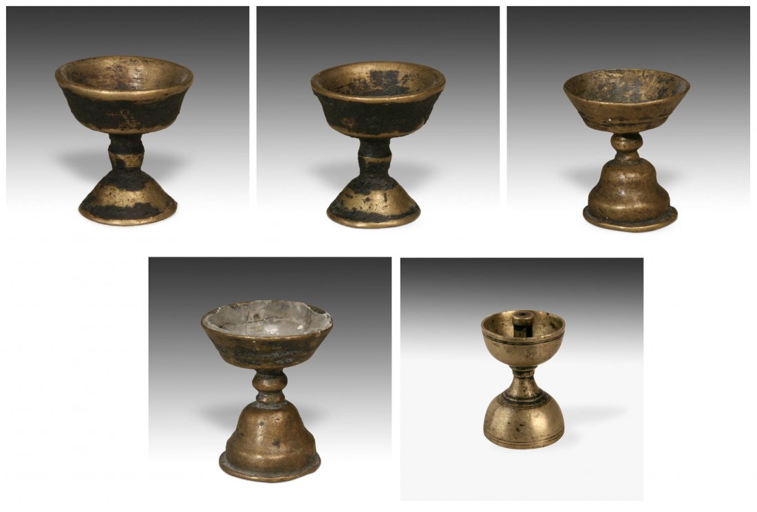 5 Brass Temple Goblet Form Oil Lamps (1 of 8)