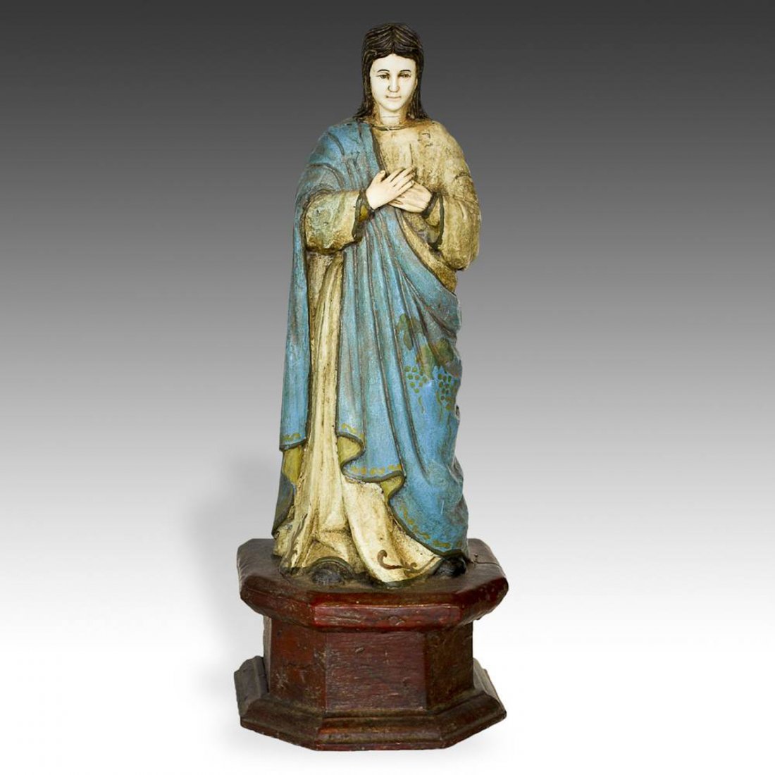 19th C. French Colonial Santos of the Virgin Mary: 19th C. French Colonial Santos Of The Virgin Mary, Vietnam, 19th C. Painted Wood with Bone. Size: 16.5"H x 6.5"W x 4.75"D (42 x 16.5 x 12 cm). PLEASE NOTE: All auction items are located in CHICAGO for