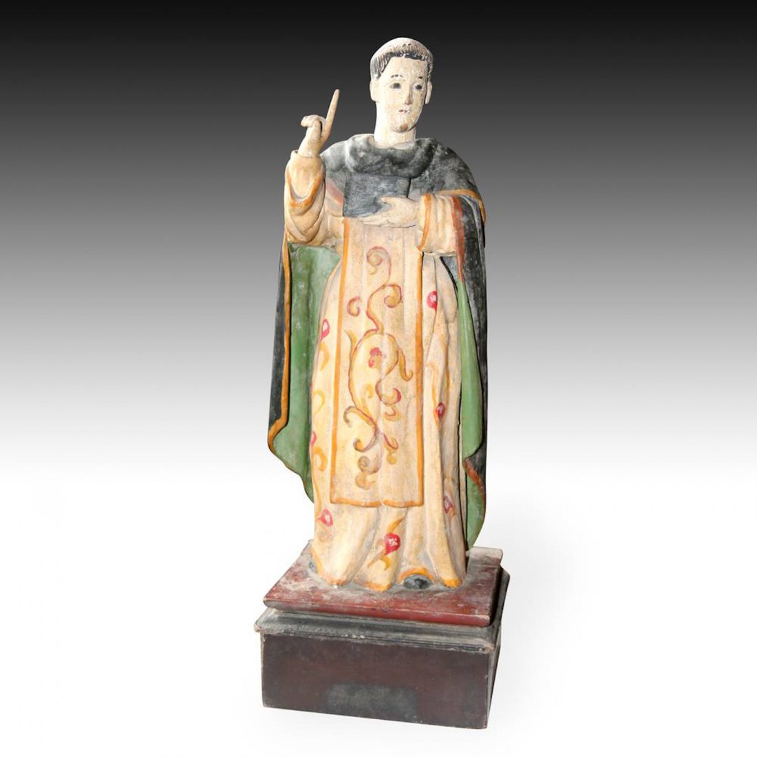 19th C. French Colonial Santos of Vincent Ferrer: French Colonial Santos of Vincent Ferrer, Vietnam, 19th C. Carved & Painted Wood. Size: 22"H x 8"W x 6.5"D (56 x 20.5 x 16.5 cm). PLEASE NOTE: All auction items are located in CHICAGO for preview and 