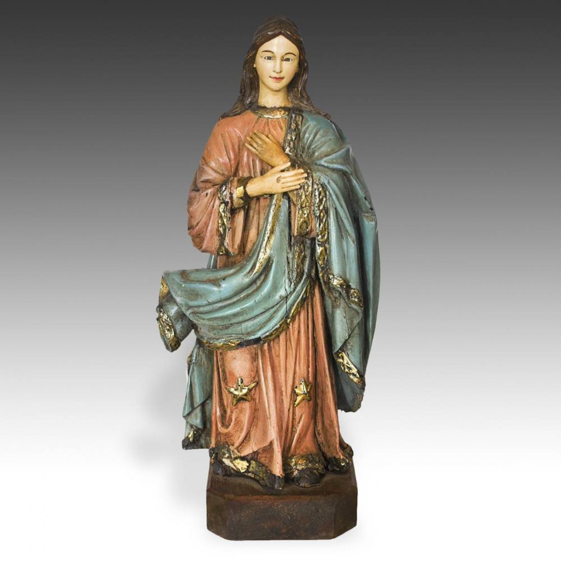 19th C. French Colonial Santos of The Virgin Mary: 19th C. French Colonial Santos Of The Virgin Mary, Vietnam, 19th C. Carved and painted wood. Size: 15.5"H x 5.75"W x 4.25"D (39.5 14.5 x 11 cm). PLEASE NOTE: All auction items are located in CHICAGO f