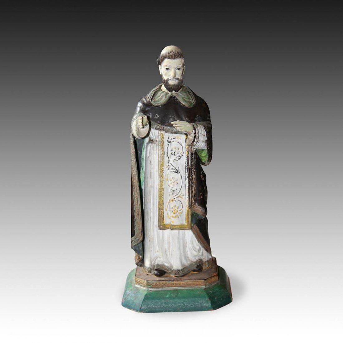 19th C. French Colonial Santos of St. Dominic: French Colonial Santos of St. Dominic, Vietnam, 19th C. Carved & Painted Wood. Size: 16"H x 7"W x 6"D (40.5 x 18 x 15.5 cm). PLEASE NOTE: All auction items are located in CHICAGO for preview and pick 