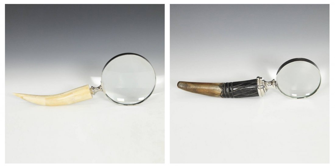 2 Continental Horn Grip Magnifiers: 2 Continental Horn Grip Magnifiers. 1) Magnifying Glass, Holland, 20th C. Polished Glass, Metal, Horn. Size: 10.5"H x 4"W x 0.5"D (26.6 x 10.1 x 1.25 cm). 2) Magnifying Glass, Holland, 20th C. Polishe