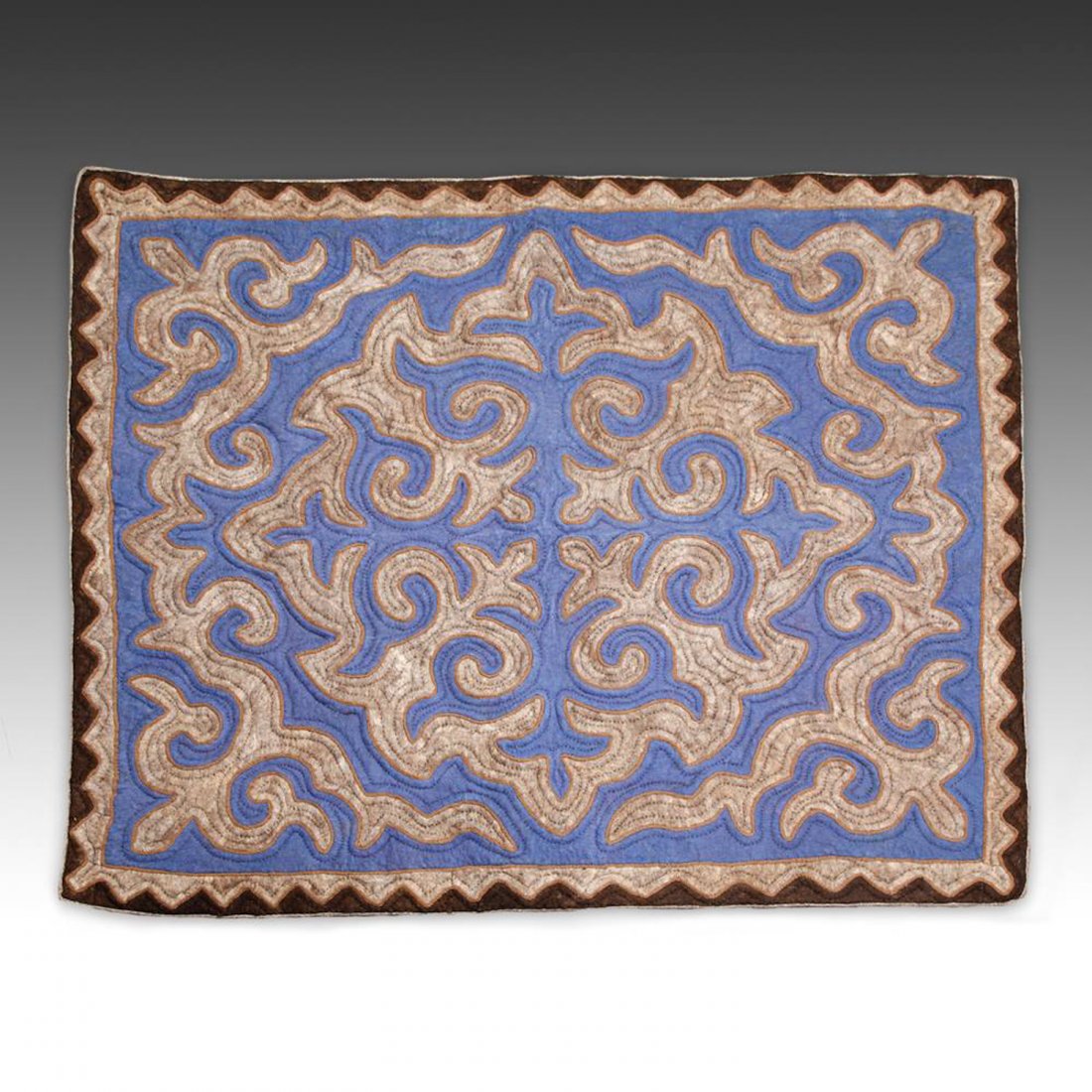 Shyrdak Felt Rug: 58" x 50" (127 x 147.5 cm): Shyrdak Felt Rug, Kyrgyzstan, Central Asia, 20th c. Felted wool applique. Size: 58" x 50" (127 x 147.5 cm). PLEASE NOTE: All auction items are located in CHICAGO for preview and pick up at 130 N. Jeff