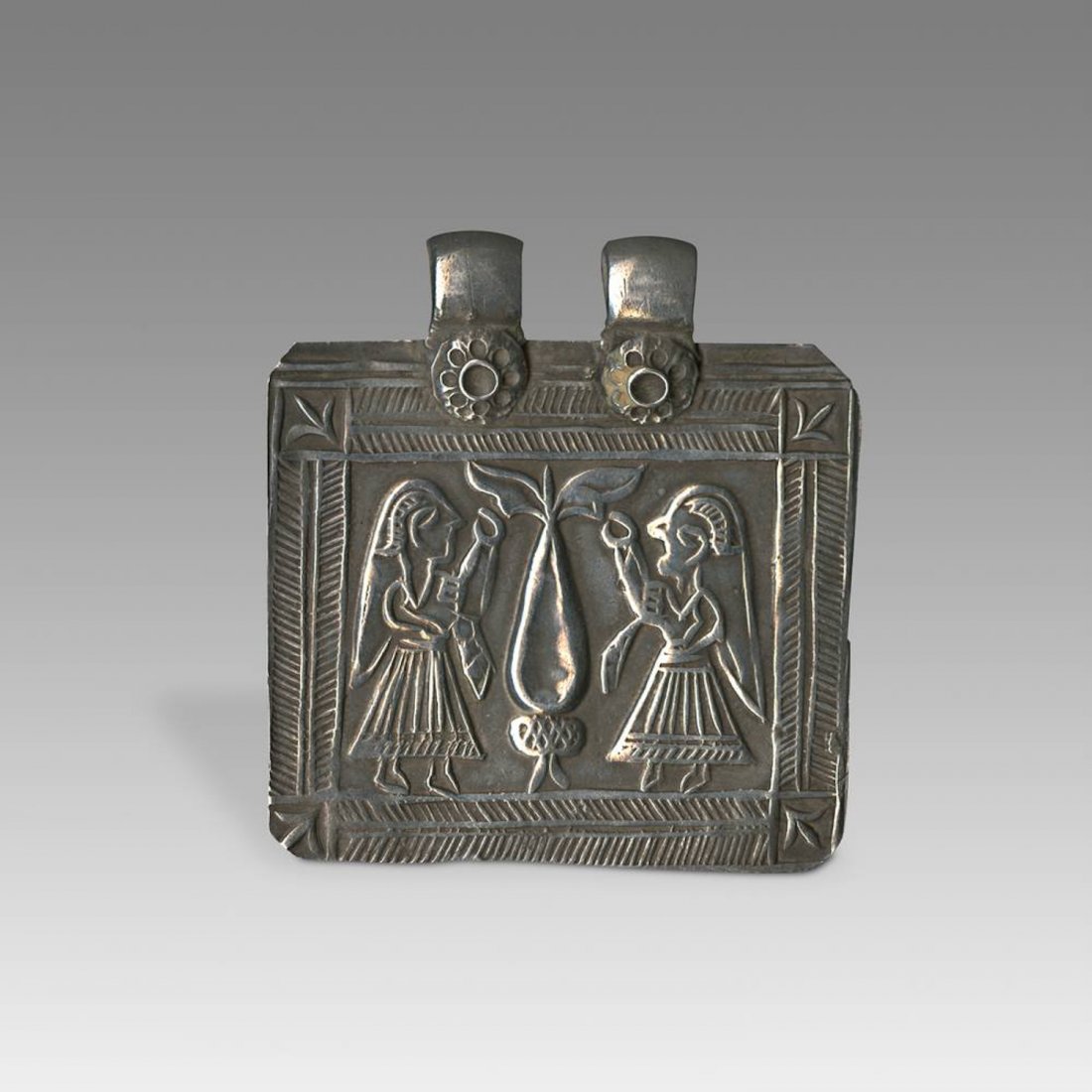 Antique Indian Silver Tree of Life Plaque Amulet: Antique Indian Silver Tree of Life Plaque Amulet. Rajasthan, India, 19th C. or Earlier. Silver. Weight: 23.45 g. Size: 2" x 2"(5.1 x 5.1 cm).PLEASE NOTE: All auction items are located in CHICAGO for p