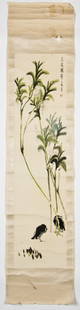 Chinese Scroll: Chinese Scroll. Birds Afield. Ink wash. Size: 54.5" x 13.25", 138 x 34 cm (image); 76" x 17", 193 x 43 cm (overall).