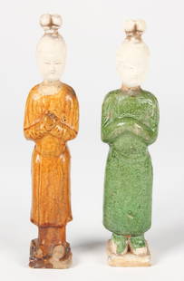 Pair Chinese Tang Dynasty Glazed Earthenware Figure: Pair Chinese Tang Dynasty Glazed Earthenware Figures. Each Size: 10" x 2.25" x 2" (25 x 6 x 5 cm).