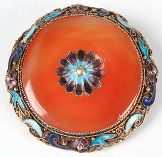 Chinese Hardstone Bi Disc Cloisonne Filigree Silver: Chinese Hardstone Bi Disc Cloisonne Filigree Silver Brooch. Size: 1.75" x 1.75" x .5" (4 x 4 x 1 cm).