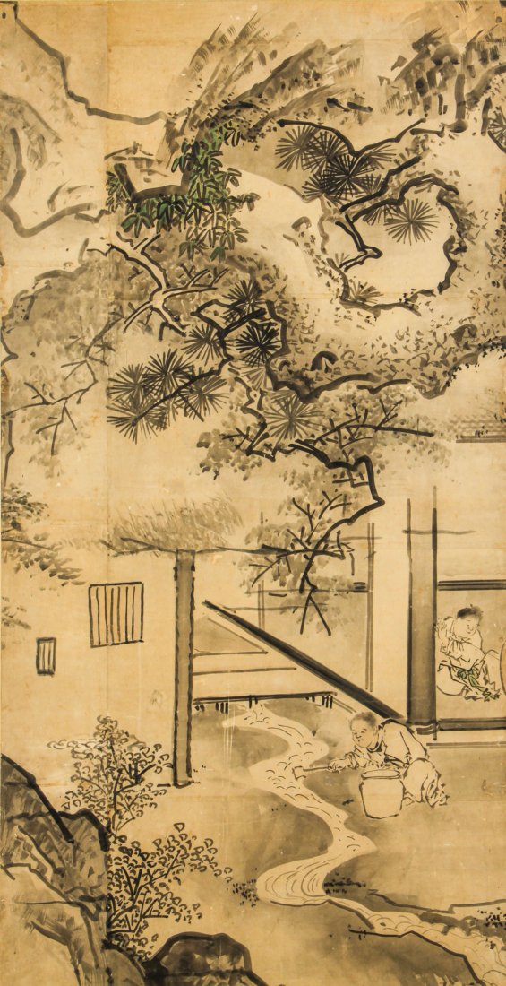Edo Period Japanese Landscape Painting: Edo Period Japanese Landscape Painting. Size: 54.5" x 28", 138 x 71 cm (image); 70" x 34", 178 x 86 cm (frame).
