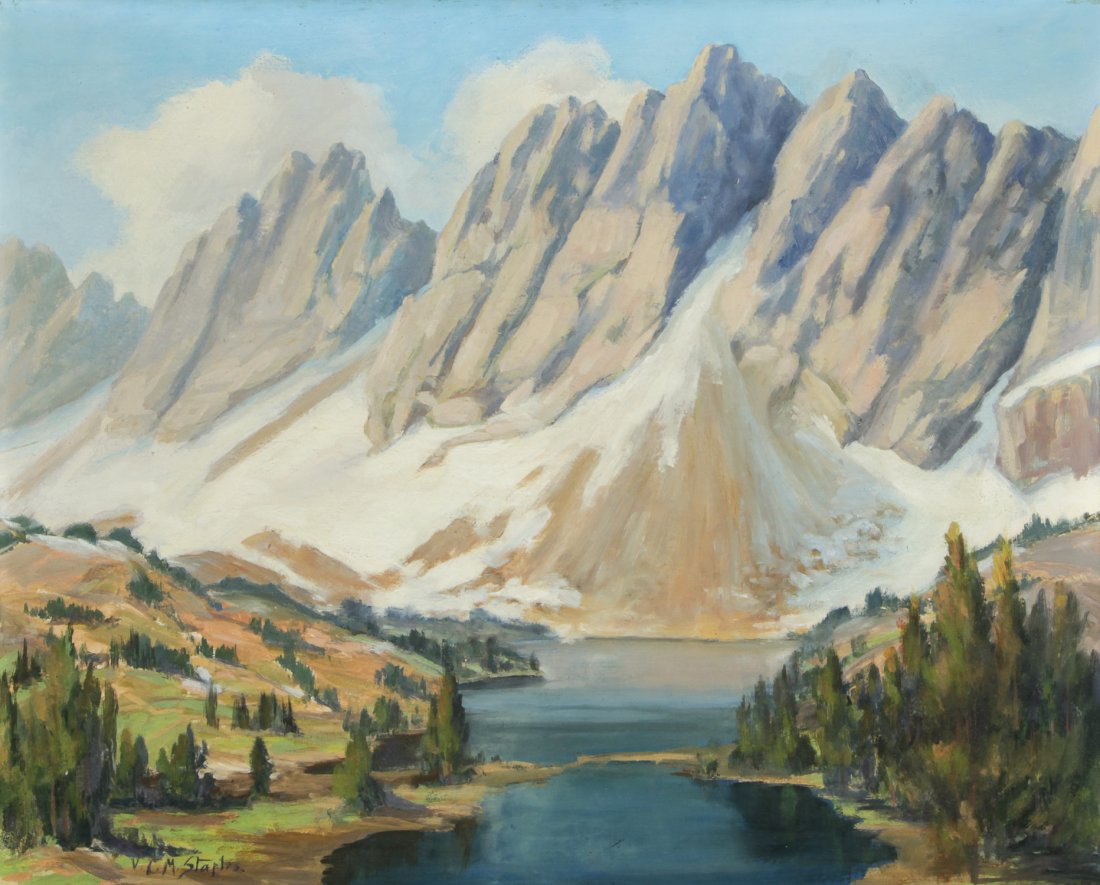 Vera C. M. Staples (1883-1954) High Sierras: Vera C. M. Staples (American, 1883-1954) High Sierras (California), oil painting on board, signed. Size: 16" x 20", 41 x 51 cm (board); 21" x 25", 53 x 64 cm (frame).