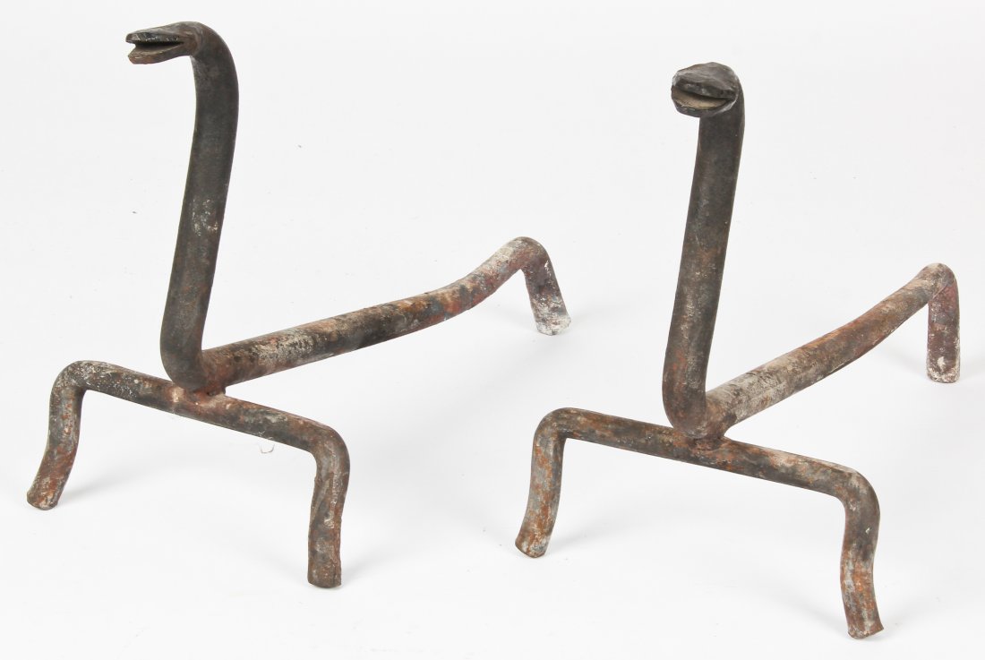 Pair Folk Art Wrought Iron Snake Form Andirons: Pair Folk Art Wrought Iron Snake Form Andirons. Each Size: 13.5" x 9.5" x 19.5" (34 x 24 x 50 cm). Provenance: Bob Brand and Liz Werthan, Philadelphia.