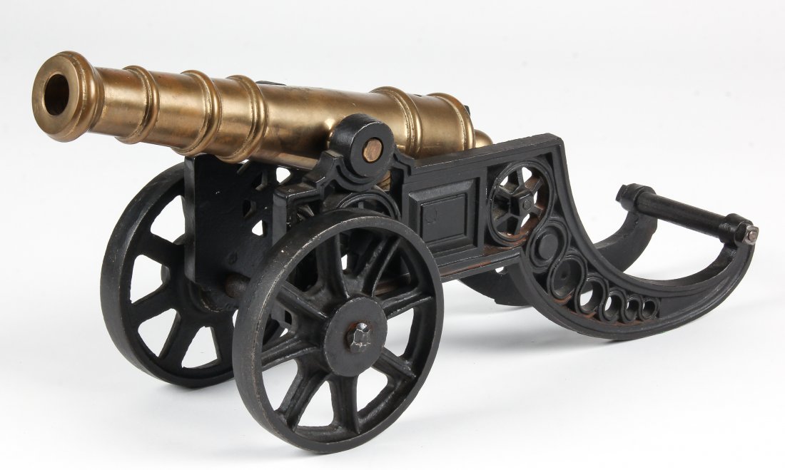 Iron and Brass Signal Cannon Model: Iron and Brass Signal Cannon Model. Not drilled. Size: 8" x 18" x 5.5" (20 x 46 x 14 cm).