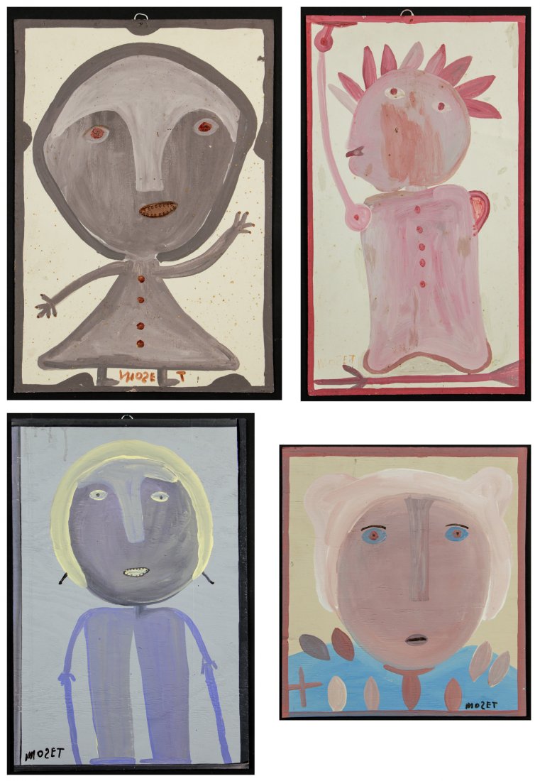 Mose Tolliver (American/Alabama 1925-2006) 4 Original: Mose Tolliver (American/Alabama 1925-2006) 4 Original Works, c. 1986, Paint on board, signed. Sizes: 1) 26" x 18.25", 66 x 46 cm (board); 2) 25.5" x 14.5", 65 x 37 cm (board); 3) 24" x 16", 61 x 41 cm