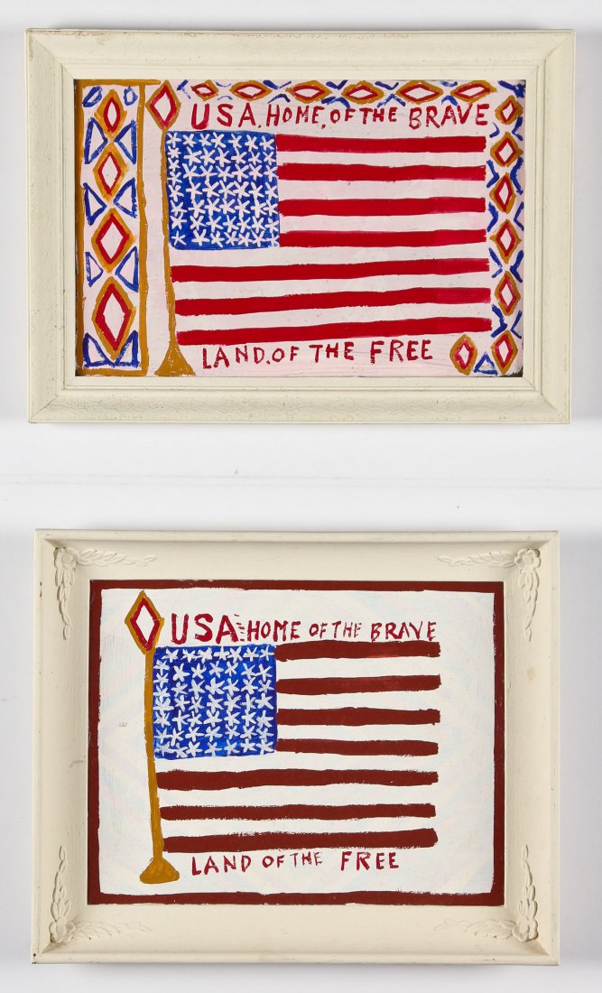 B.F. Perkins (American, 1904-1993) Two Works: B.F. Perkins (American, 1904-1993) Two Works: "USA, Home of the Brave, Land of the Free", paint on wood, unsigned. Largest Size: 13.75" x 16.75", 35 x 43 cm (frame). Provenance: Robert Cargo, Alabama.