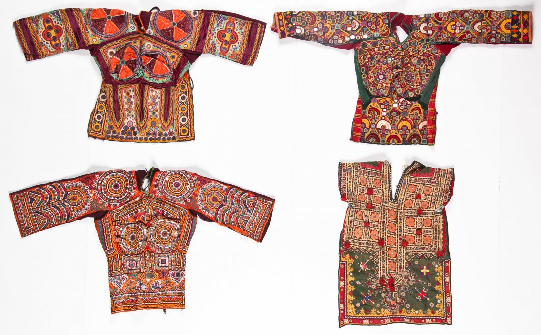4 Old Indian Blouses/Choli: 4 Old Indian Blouses/Choli with fine embroidered mirror work. Largest Size: 38" x 20" (97 x 51 cm).