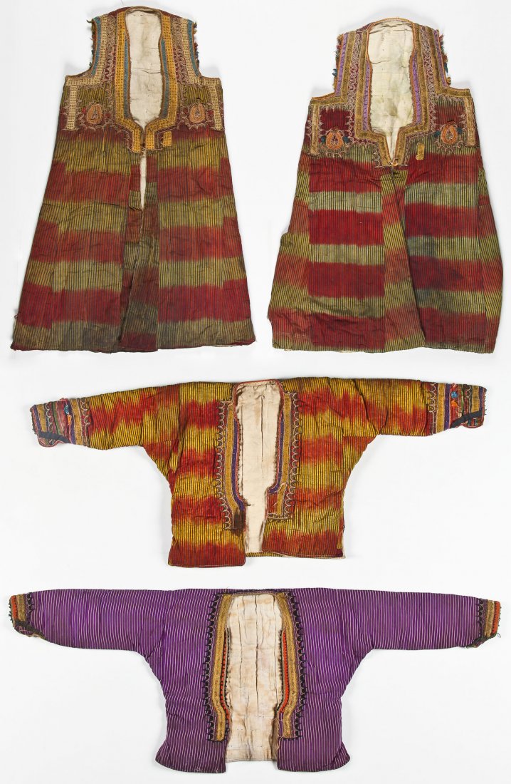 4 Antique Ottoman Turkish Jackets and Long Vests: 4 Antique Ottoman Turkish Jackets and Long Vests with metal embroidery. 2 Jackets: 54" x 21" (137 x 53 cm) and 58" x 21" (147 x 53 cm). 2 Vests: 28" x 40" (71 x 102 cm) and 30" x 41" (76 x 104 cm).