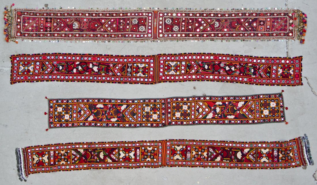 4 Old Finely Embroidered Textiles With Mirror work: 4 Old Finely Embroidered Textiles With Mirror Work, wedding sashes/scarves/wall decoration, India/Pakistan. Largest Size: 7" x 62" (18 x 152 cm). Provenance: Estate of Professor Louis Flam.
