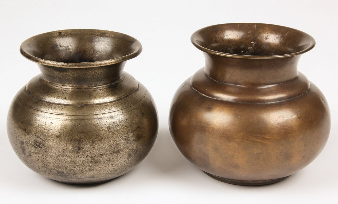 2 Early 19th c. Nepalese Bronze Oil Pots: 2 Early 19th c. Nepalese Heavy Bronze Oil Pots. Largest Size: 4.25" x 4.5" x 4.5" (10.5 x 11 x 11 cm). Total weight: 1385 grams. Provenance: Matthew Friedman Collection. Matthew Friedman is author of 