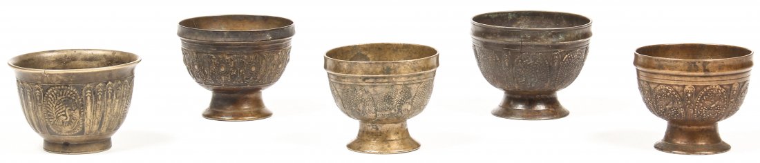 5 19th C Bronze Batuka Ceremonial Bowls: 5 Bronze Bakuka ceremonial bowls from Nepal, circa 1850-1900, ornate and heavy. 2000 grams. Largest: 3.5" x 4.5" x 4.5", 9 x 11 x 11 cm. Provenance: Matthew Friedman Collection. Matthew Friedman is au
