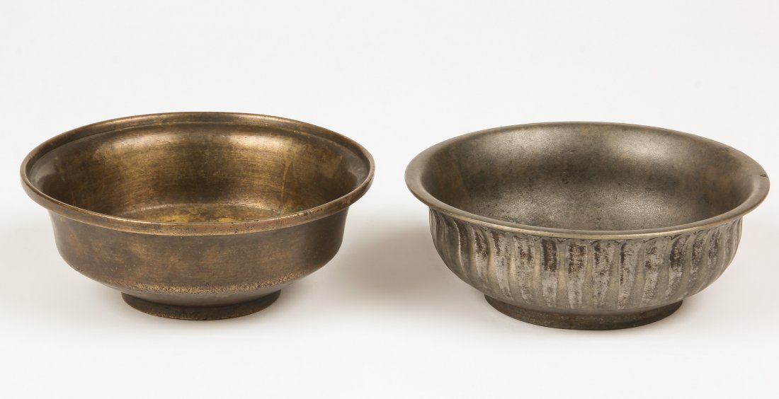 2 Antique Heavy Bronze Bowls, Nepal Ca. 1800: 2 Antique Heavy Bronze Bowls, Nepal Ca. 1800. Largest Size: 2.5" x 6.5" x 6.5" (6 x 17 x 17 cm). Total weight: 1745 grams. Provenance: Matthew Friedman Collection. Matthew Friedman is author of three 