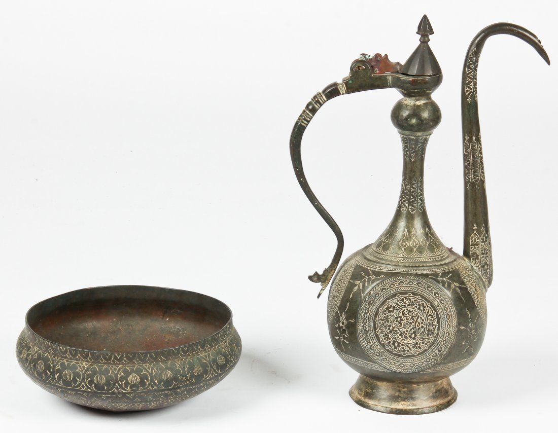 2 Antique North Indian/Central Asian Bronze Ewer/Bowl: 2 Antique North Indian/Central Asian Bronze Ewer/Bowl. Largest Size: 10" x 10" x 6" (25 x 25 x 15 cm). 3,400 grams. Provenance: Estate of Professor Louis Flam.