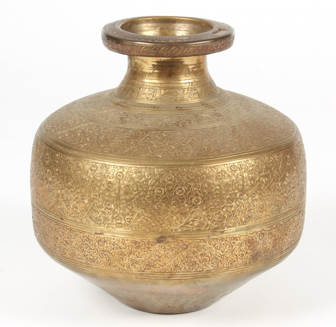Fine Antique Central Asian Brass Vessel: Antique Central Asian Brass Vessel, finely decorated; heavy. Size: 13" x 12" x 12" (33 x 31 x 31 cm) 6,400 grams. Provenance: Estate of Professor Louis Flam.