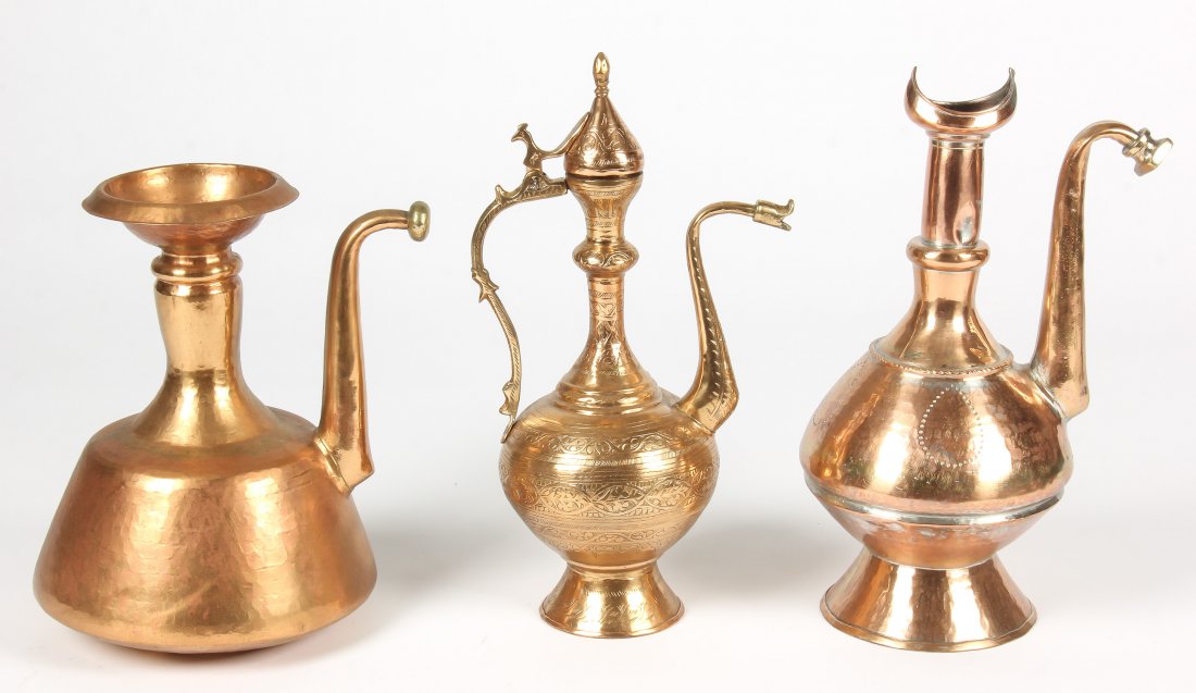 3 Vintage Central Asian Brass/Copper Ewers: 3 Vintage Central Asian Brass/Copper Ewers. Tallest Size: 16" x 10" x 9" (41 x 25 x 23 cm). 4,300 grams. Provenance: Estate of Professor Louis Flam.