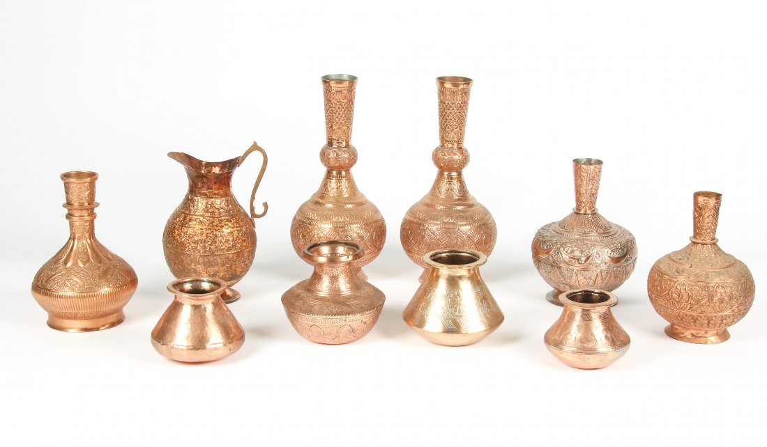 10 Pc Collection of Central Asian/N Indian Copper Items: 10 Pc Collection of Central Asian/N Indian Copper Items. Largest size: 17" x 8" x 8" (43 x 20 x 20 cm). 11,400 grams. Provenance: Estate of Professor Louis Flam.