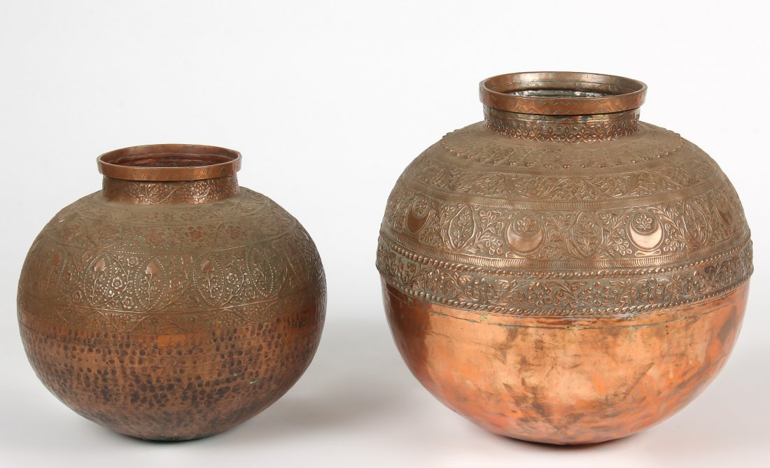 2 Large Old Central Asian Copper Repousse Bowls: 2 Large Old Central Asian Copper Repousse Bowls. Largest Size: 18" x 18" x 18" (46 x 46 x 46 cm). 9,400 grams. Provenance: Estate of Professor Louis Flam.