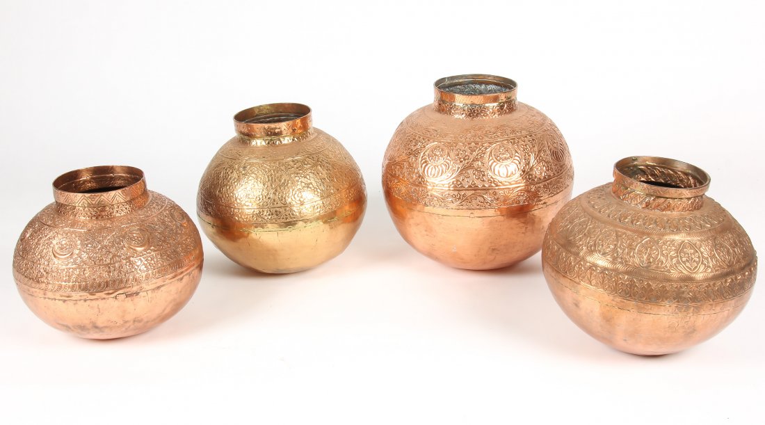 4 Heavy Vintage Brass/Copper Central Asian Bowls: 4 Heavy Vintage Brass/Copper Central Asian Bowls. Largest Size: 15" x 16" x 16" (38 x 41 x 41 cm). 12,000 grams. Provenance: Estate of Professor Louis Flam.