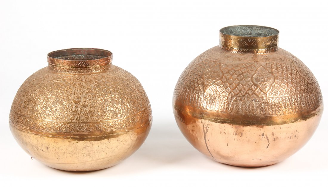 2 Large Old Central Asian Copper Repousse Bowls: 2 Large Old Central Asian Copper Repousse Bowls. Largest Size: 16" x 17" x 17" (41 x 43 x 43 cm). 9,800 grams. Provenance: Estate of Professor Louis Flam.