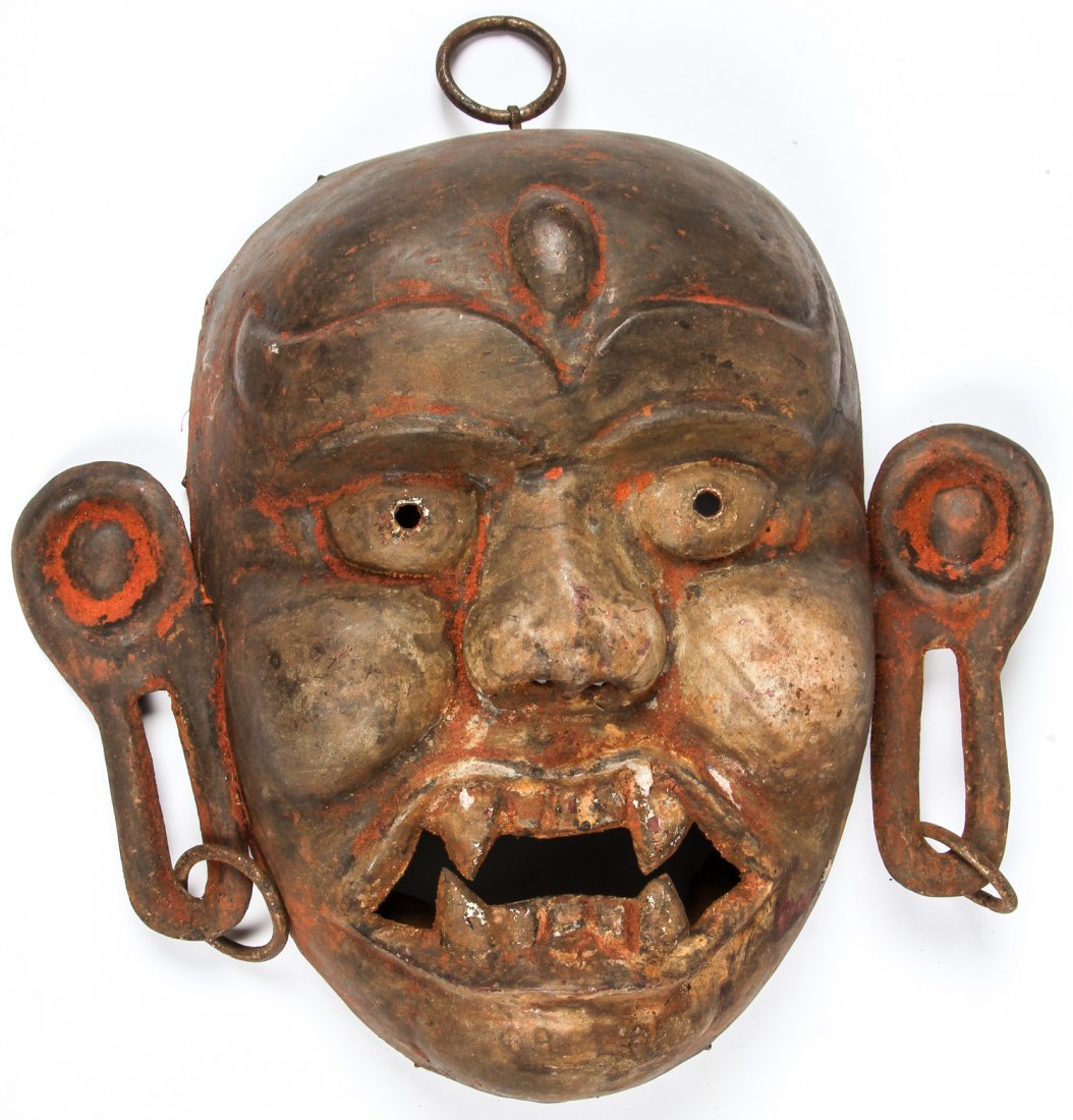 Vintage Yamantaka Mask, Nepal: Nepalese Vintage Yamantaka Mask. Tribally used. Carved wood; Iron, cotton wadding, cotton cloth, remnants of paint. 12" x 13" x 4" (30 x 33 x 10 cm).