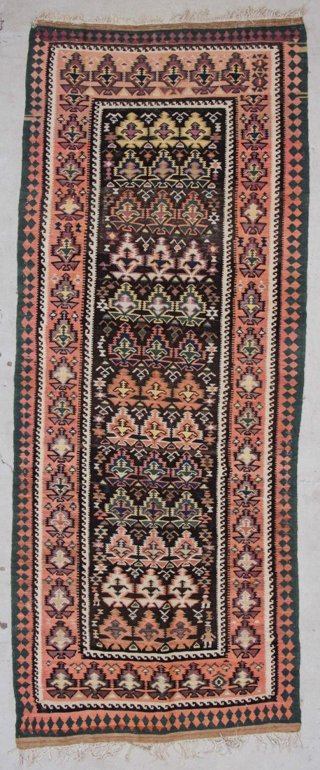 Old West Persian Veramin Kilim: 4'10" x 12': Old West Persian Veramin Kilim, Persia, early 20th c. 4'10" x 12' (147 x 366 cm).