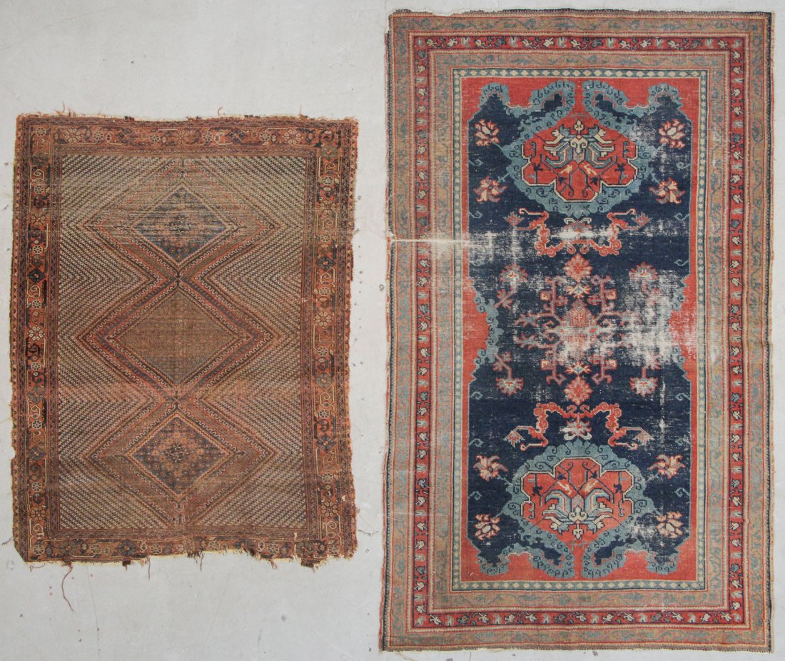 2 Antique Persian and Turkish Rugs: 2 Antique Persian and Turkish Rugs, including a west Anatolian Oushak village rug with sporadic wear: 4'10" x 8' (147 x 244 cm), And a southwest Persian Gashgai or Khamseh rug: 4'4" x 5'9" (132 x 175