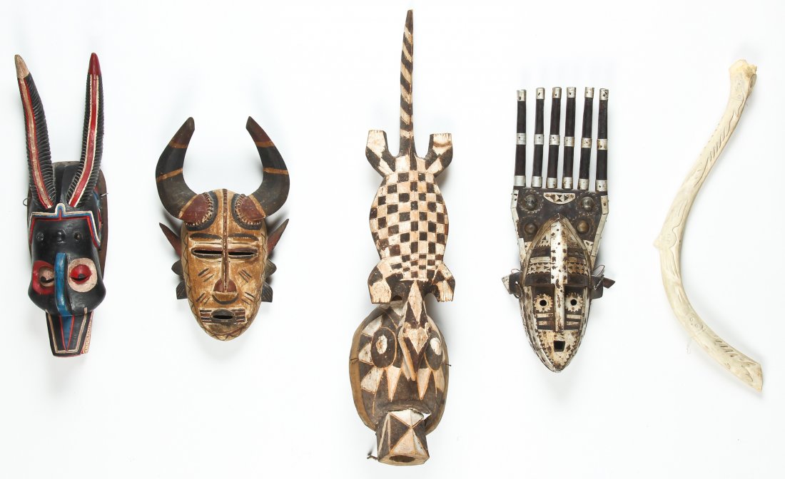 Estate Lot of 4 African Masks and 1 Inuit Carved Antler (1 of 5)