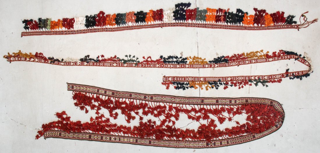 3 Antique Central Asian Tent Bands: 3 Antique Central Asian Tent Bands, Central Asia. Largest Size: 21'7'' x 4.5'' (658 x 11 cm). Provenance: Estate of Professor Louis Flam.