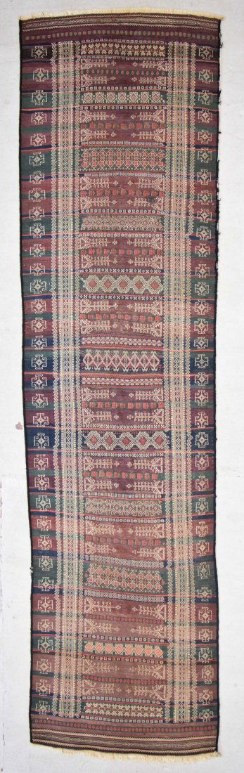 Antique Central Asian Kilim: 3'4'' x 13'1'' (102 x 399: Antique Central Asian Kilim, Afghanistan: 3'4'' x 13'1'' (102 x 399 cm). Provenance: Estate of Professor Louis Flam.
